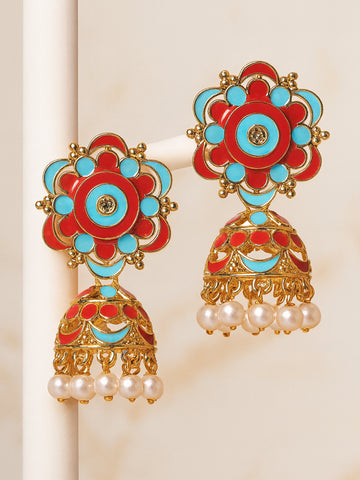 Karatcart Rose Gold Plated Floral Design Red and Blue Meena Jhumki Earrings for Women