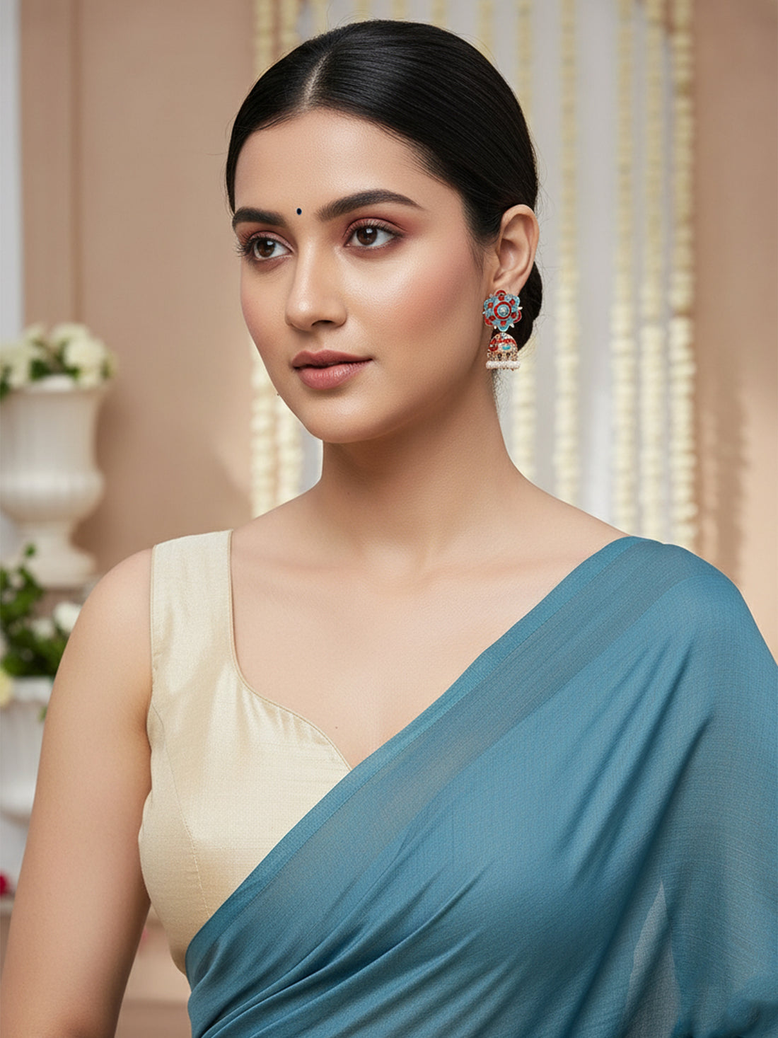Karatcart Rose Gold Plated Floral Design Red and Blue Meena Jhumki Earrings for Women
