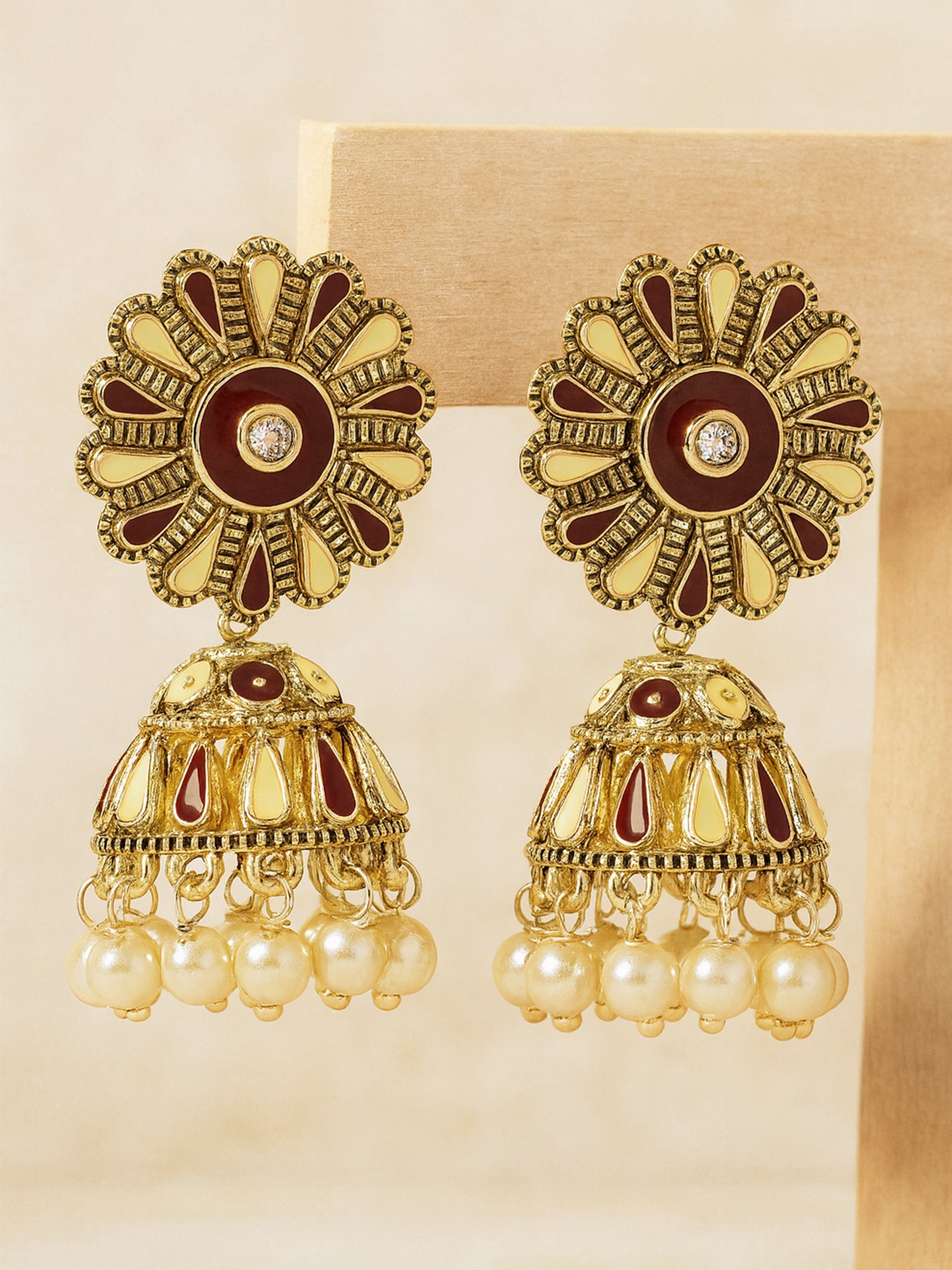 Karatcart Gold Plated Floral Design Brown and Cream Meena Jhumki Earrings for Women