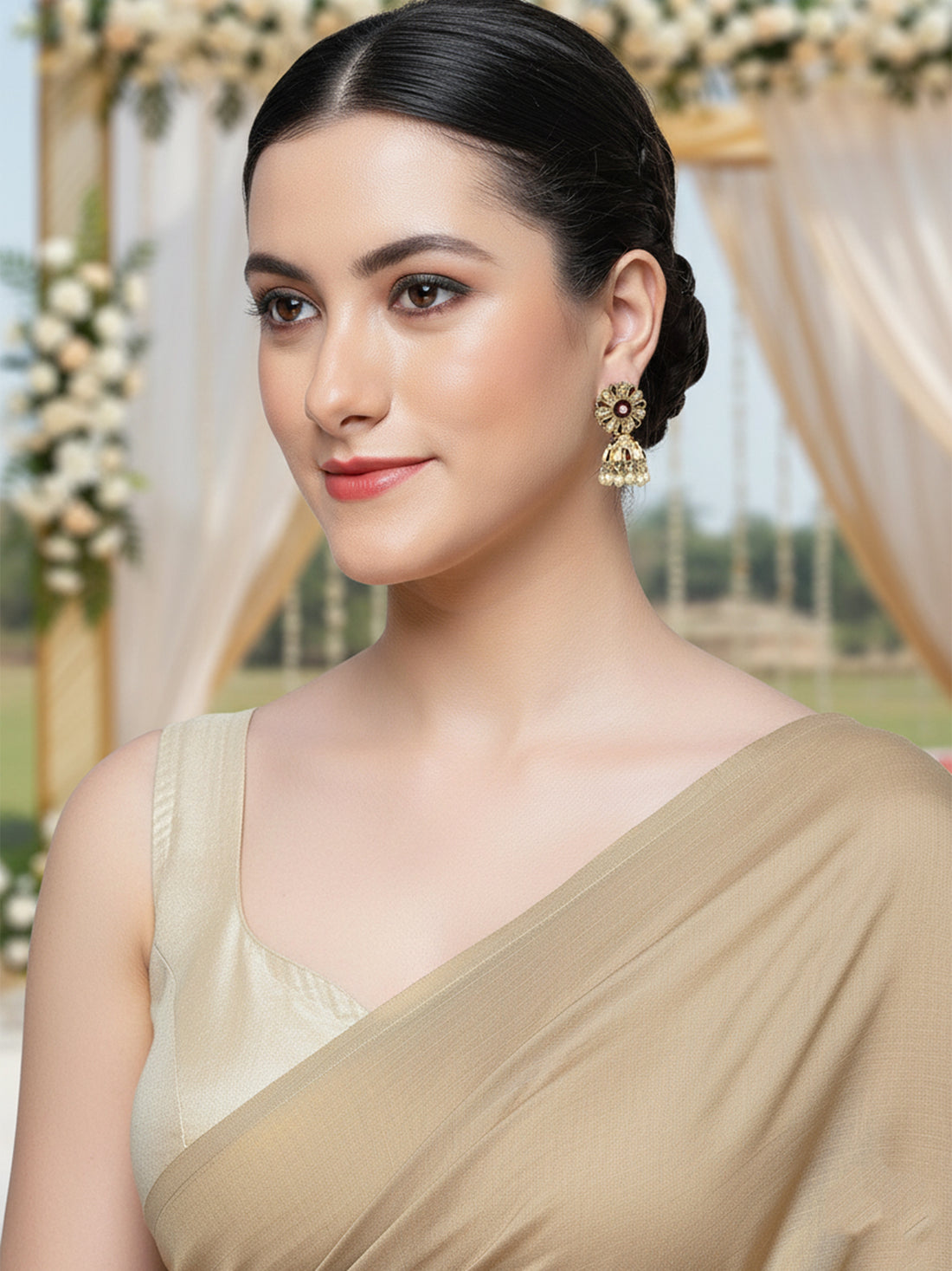 Karatcart Gold Plated Floral Design Brown and Cream Meena Jhumki Earrings for Women
