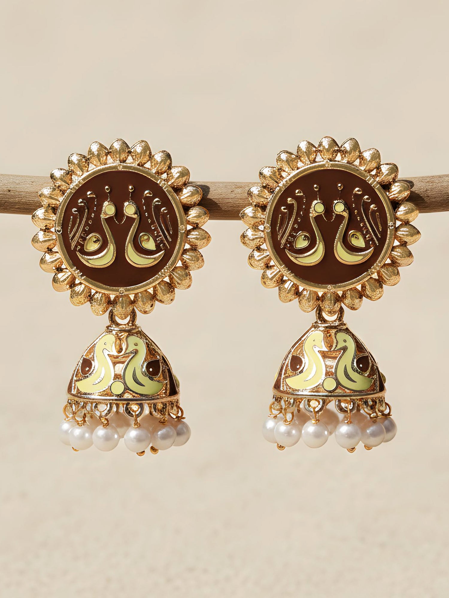 Karatcart Rose Gold Plated Peacock Design Brown and Cream Meena Jhumki Earrings for Women