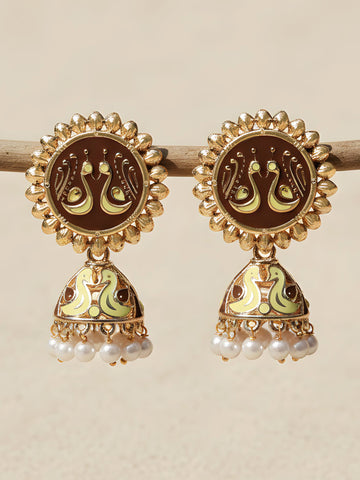Karatcart Rose Gold Plated Peacock Design Brown and Cream Meena Jhumki Earrings for Women