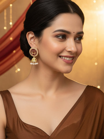 Karatcart Rose Gold Plated Peacock Design Brown and Cream Meena Jhumki Earrings for Women