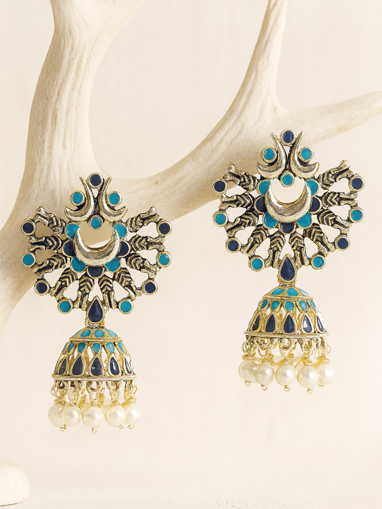 Karatcart Gold Plated Light Blue and Navy Blue Meena Jhumki Earrings for Women