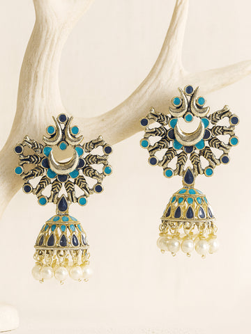 Karatcart Gold Plated Light Blue and Navy Blue Meena Jhumki Earrings for Women