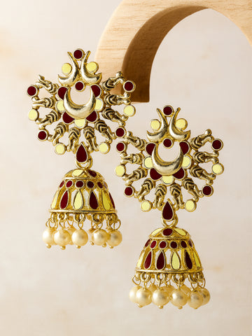Karatcart Gold Plated Brown and Cream Meena Jhumki Earrings for Women