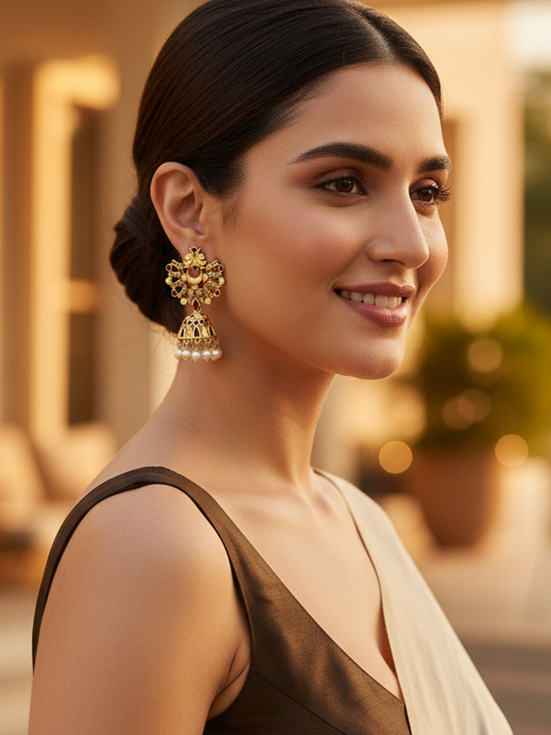 Karatcart Gold Plated Brown and Cream Meena Jhumki Earrings for Women
