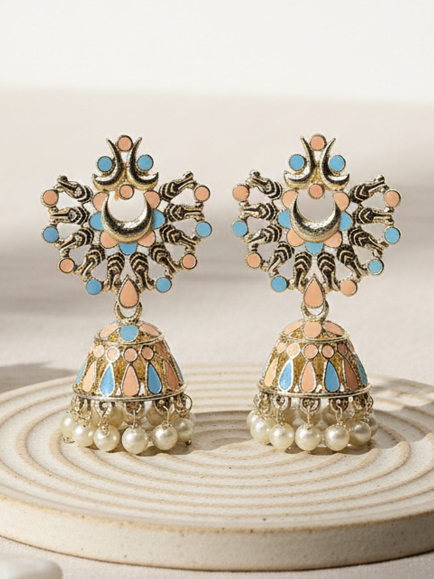 Karatcart Gold Plated Peach and Light Blue Meena Jhumki Earrings for Women