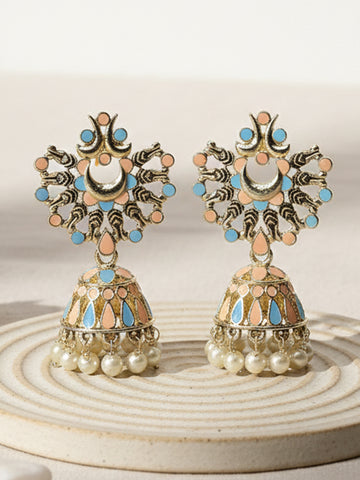 Karatcart Gold Plated Peach and Light Blue Meena Jhumki Earrings for Women