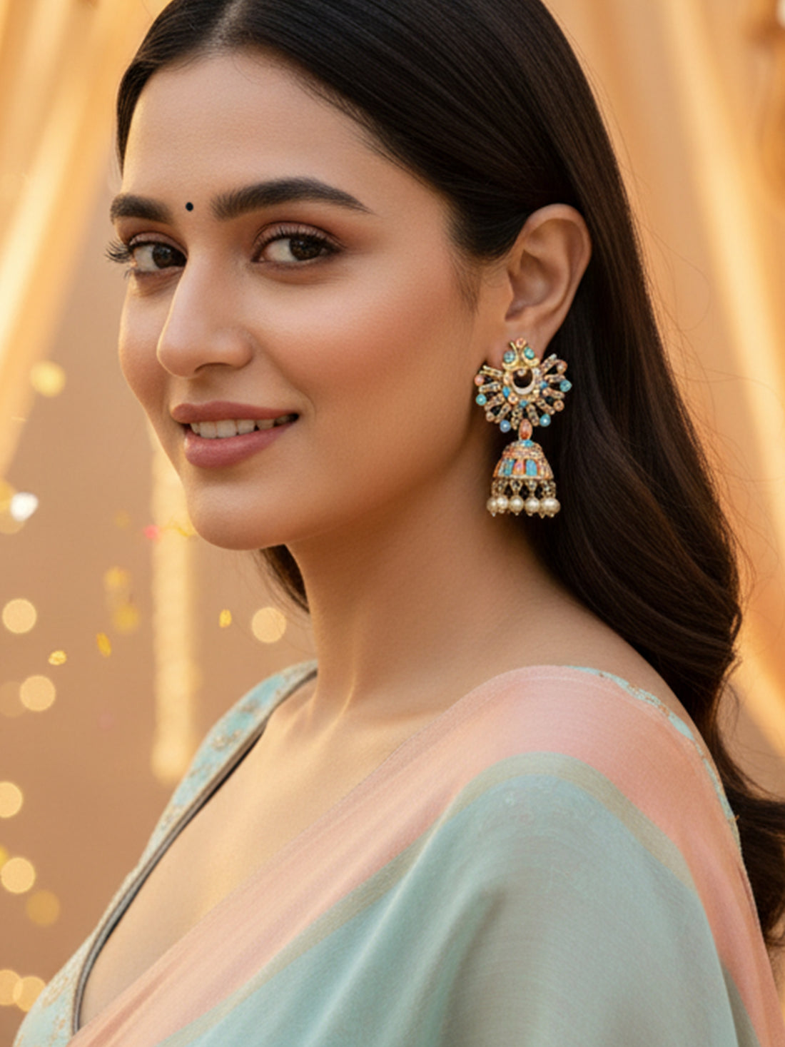 Karatcart Gold Plated Peach and Light Blue Meena Jhumki Earrings for Women