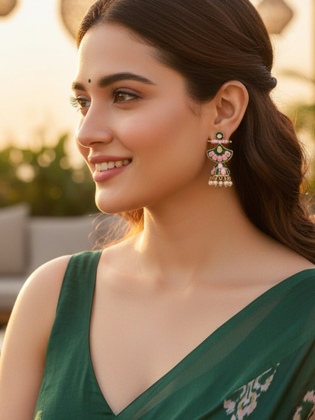 Karatcart Gold Plated Pink and Blue Meena Jhumki Earrings for Women