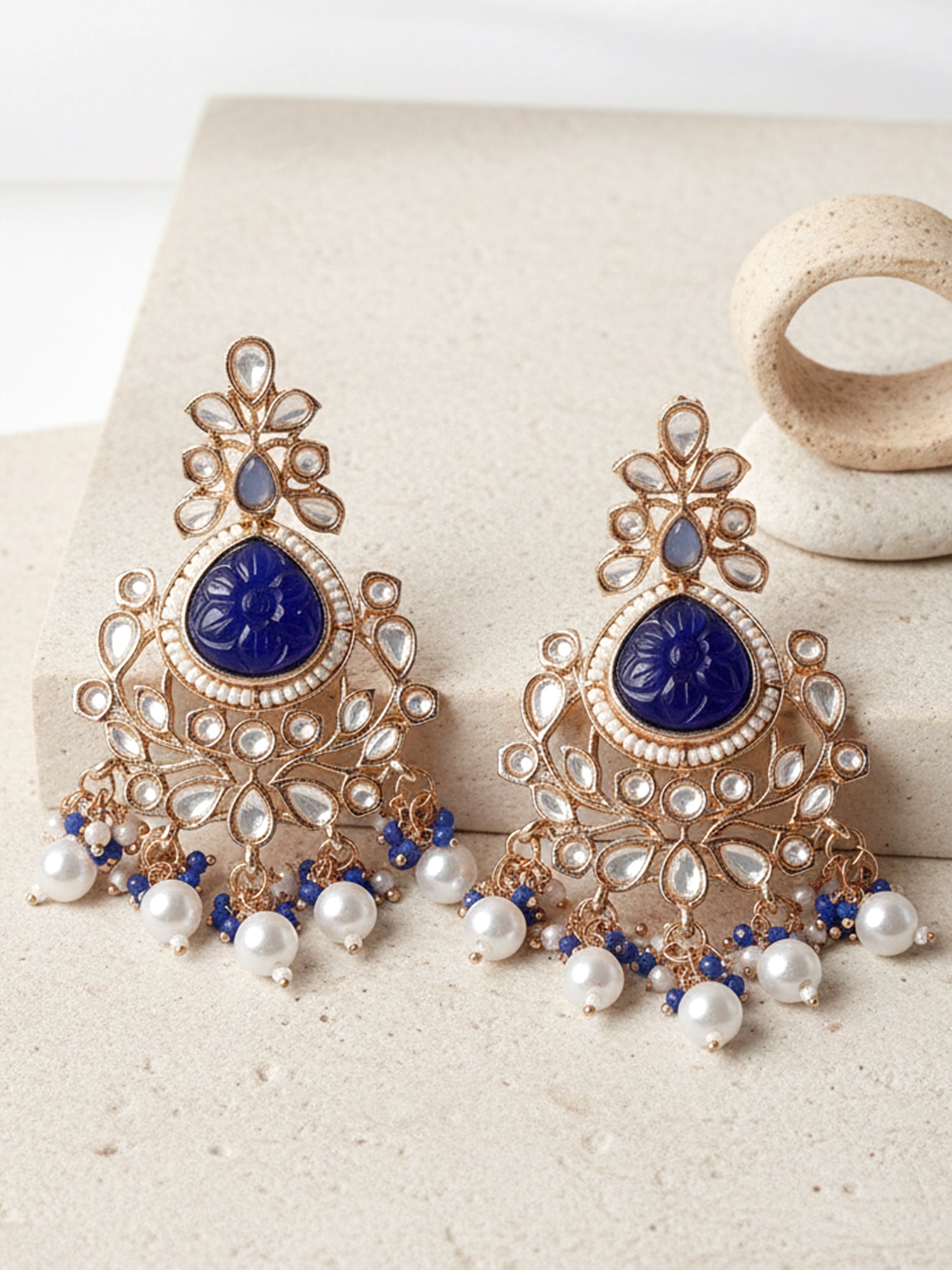 Karatcart Rose Gold Plated Blue Carved Stone Kundan Drop Earrings for Women