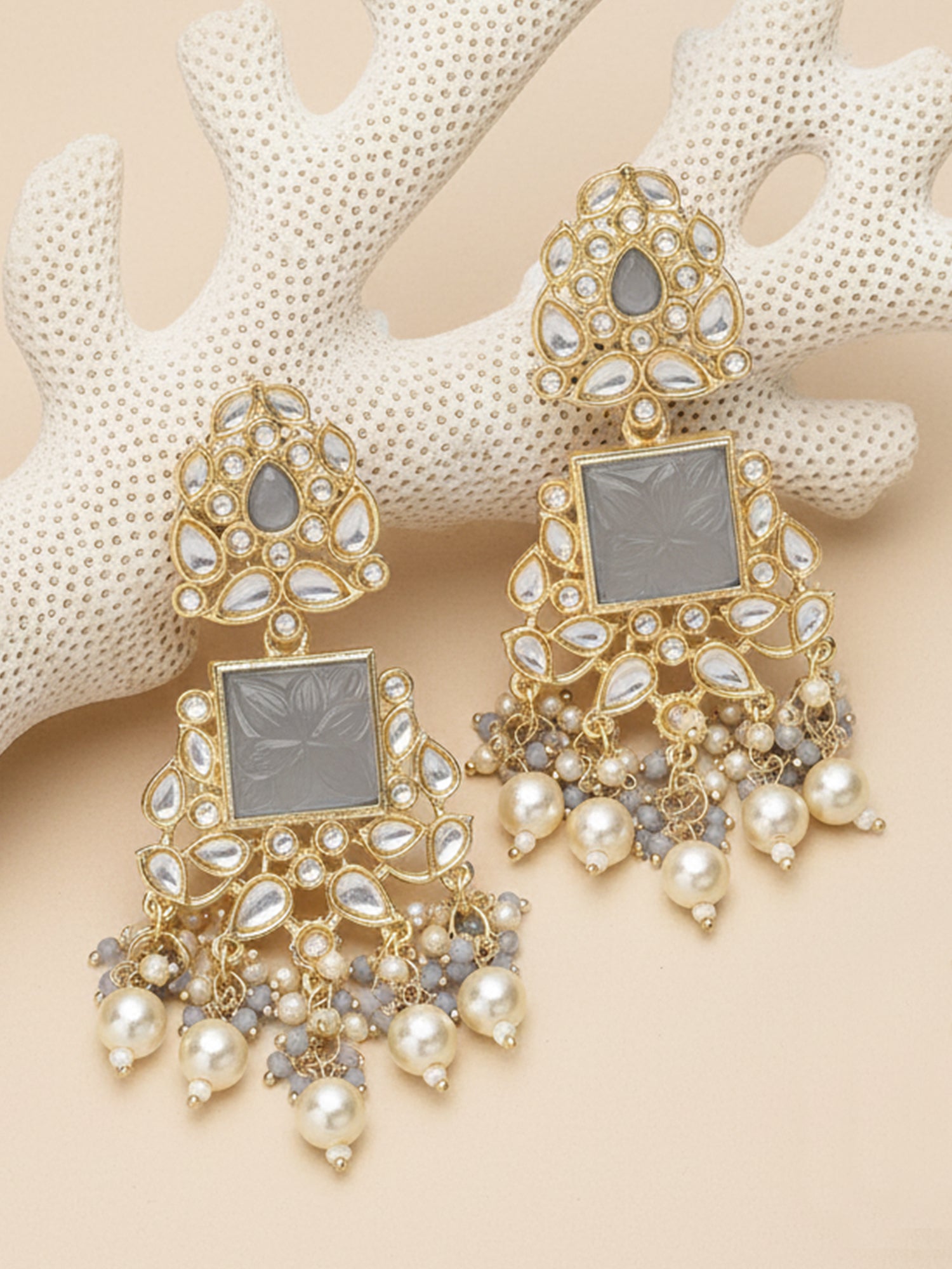 Karatcart Gold Plated Grey Carved Stone Kundan Drop Earrings for Women