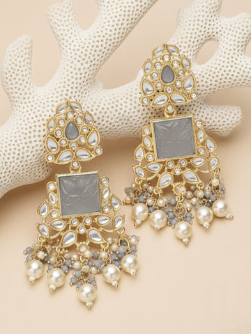 Karatcart Gold Plated Grey Carved Stone Kundan Drop Earrings for Women
