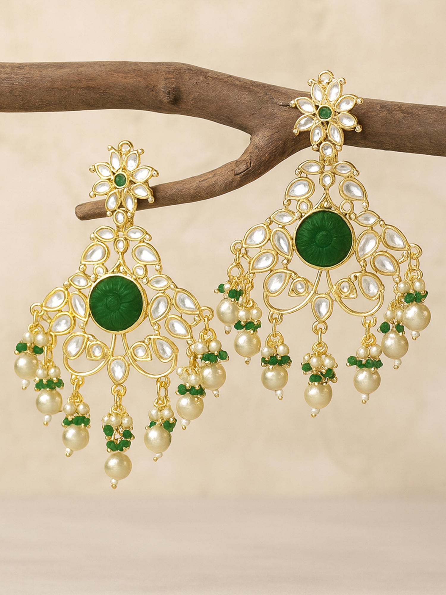 Karatcart Gold Plated Green Carved Stone Kundan Dangler Earrings for Women