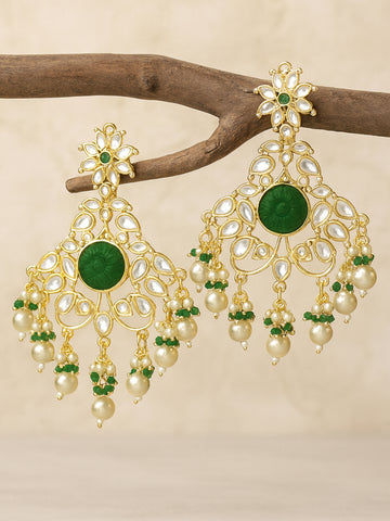 Karatcart Gold Plated Green Carved Stone Kundan Dangler Earrings for Women