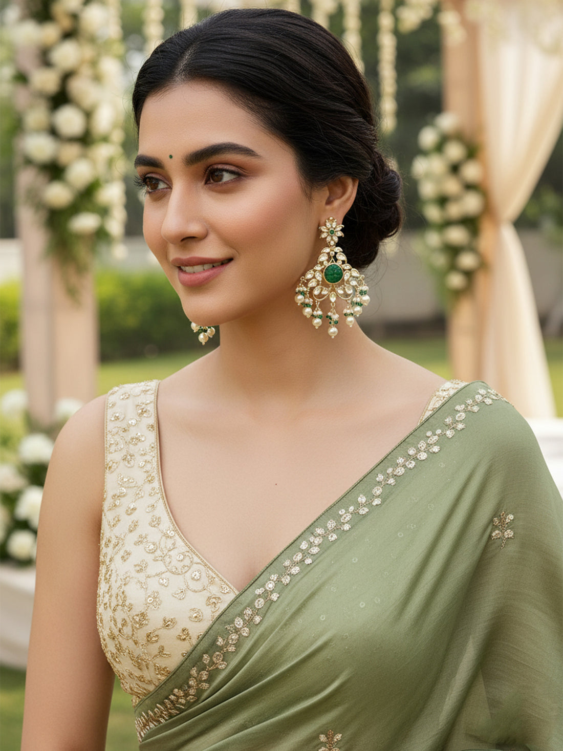 Karatcart Gold Plated Green Carved Stone Kundan Dangler Earrings for Women