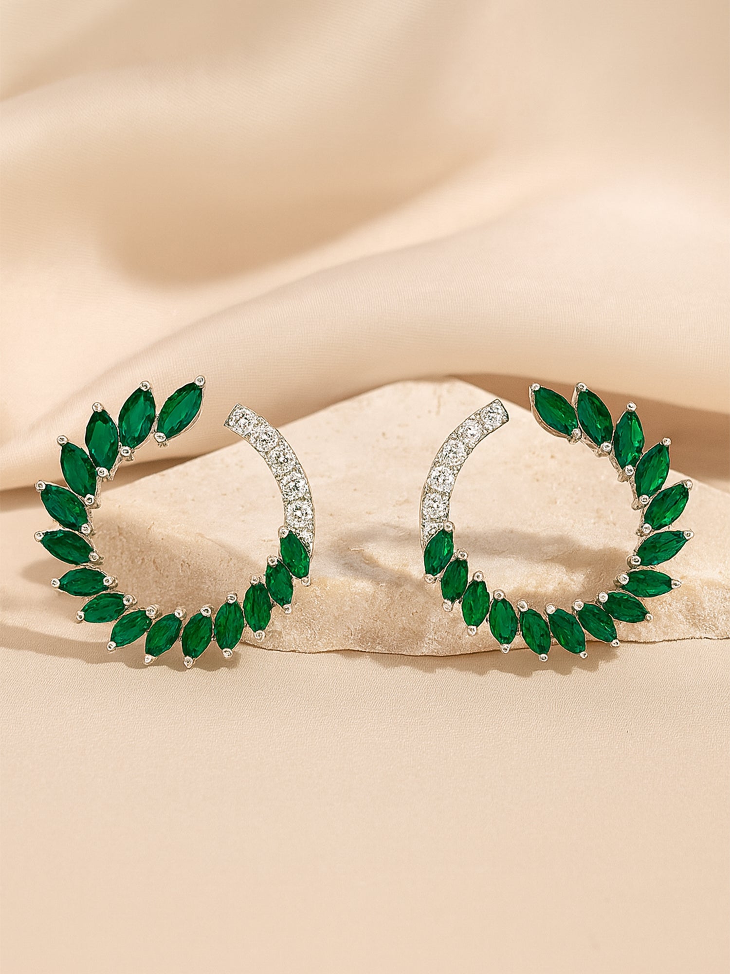 Karatcart Silver Plated Green Cubic Zirconia Leaf Design Hoop Earrings for Women