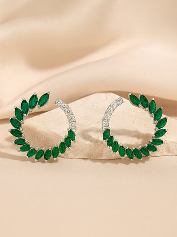 Karatcart Silver Plated Green Cubic Zirconia Leaf Design Hoop Earrings for Women
