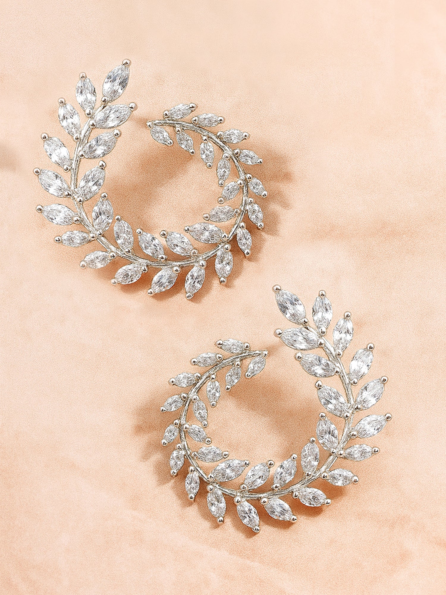 Karatcart Silver Plated Cubic Zirconia Leaf Branch Design Hoop Earrings for Women