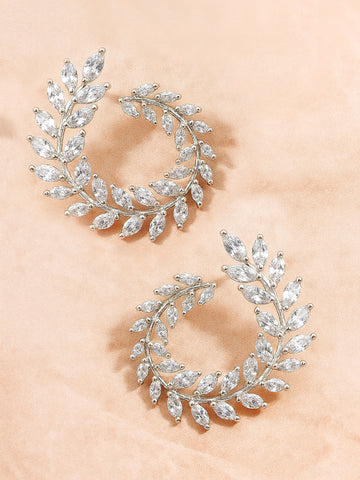 Karatcart Silver Plated Cubic Zirconia Leaf Branch Design Hoop Earrings for Women