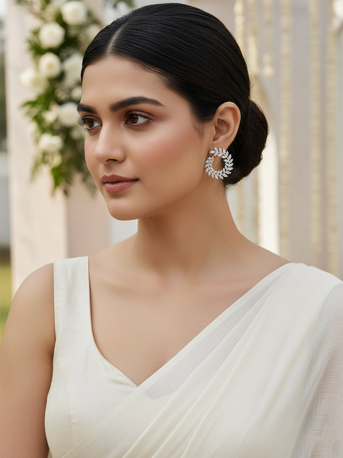 Karatcart Silver Plated Cubic Zirconia Leaf Branch Design Hoop Earrings for Women