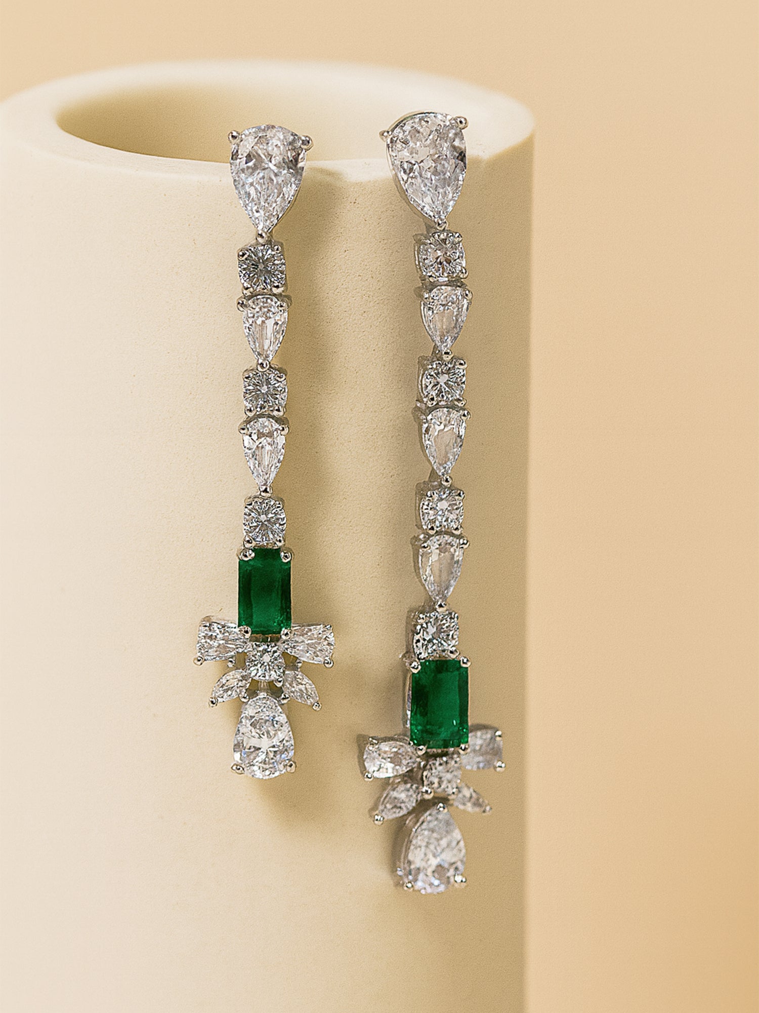 Karatcart Silver Plated Green Drop Cubic Zirconia Earrings for Women