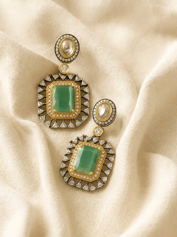 Karatcart Black Silver Plated Lime Green Cubic Zirconia Studded Drop Earrings for Women