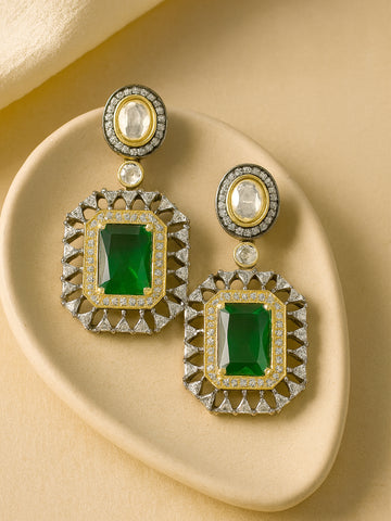 Karatcart Black Silver Plated Green Cubic Zirconia Studded Drop Earrings for Women