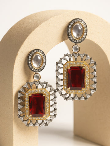 Karatcart Black Silver Plated Red Cubic Zirconia Studded Drop Earrings for Women