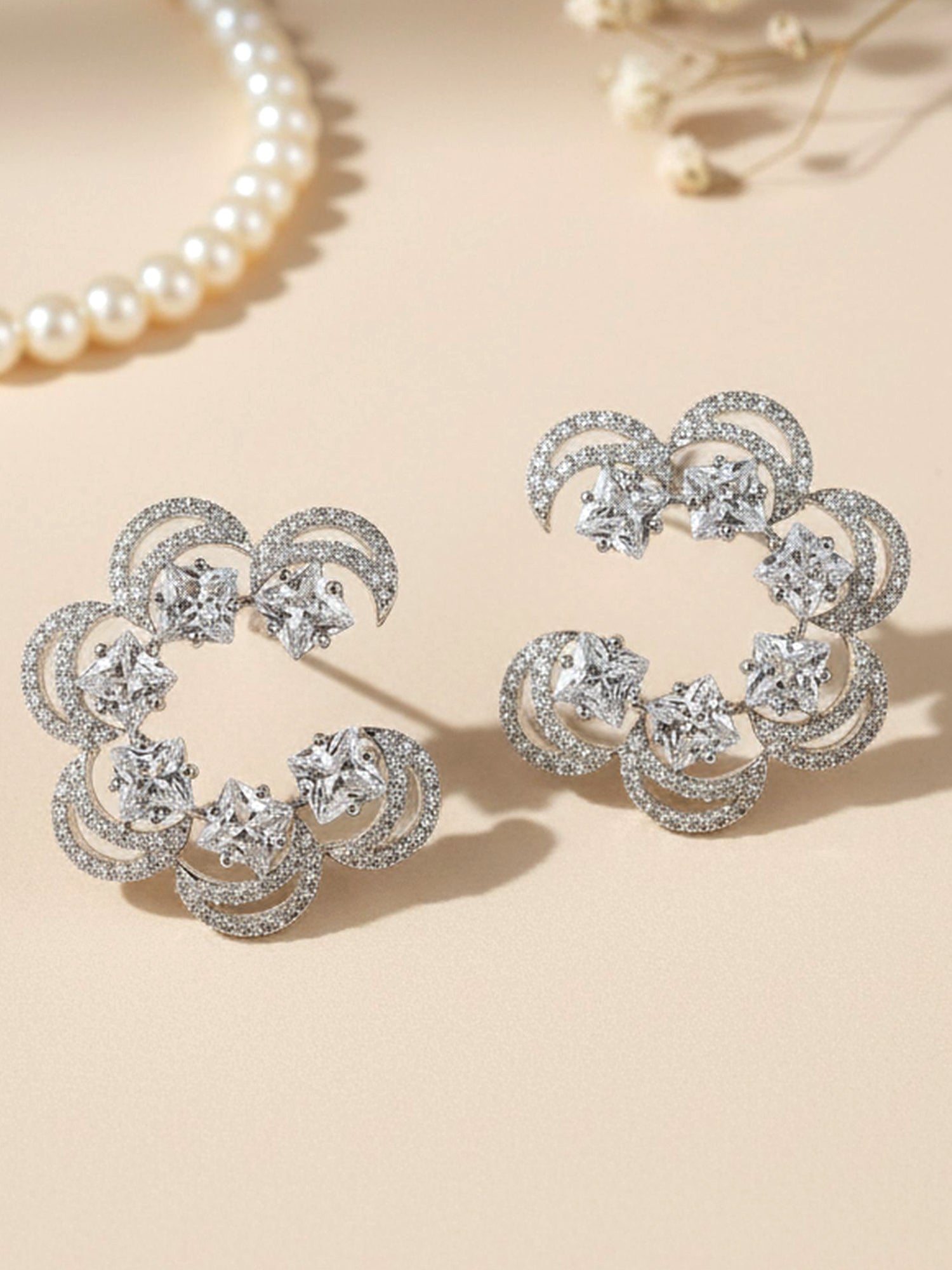 Karatcart Silver Plated Moon Design Cubic Zirconia Stud Earrings for Women