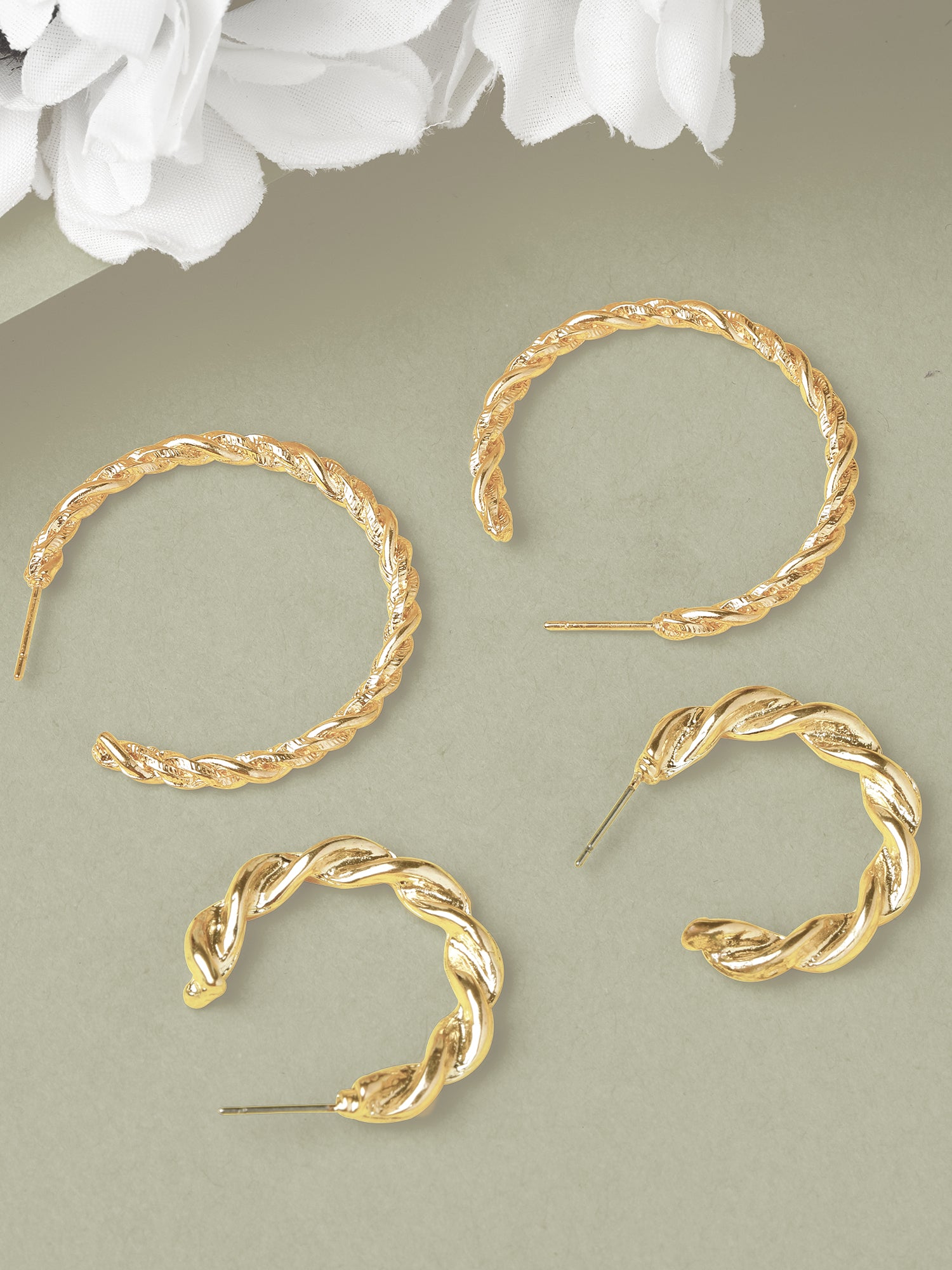 Bohey by KARATCART Set of 2 Gold Plated Twisted Design Contemporary Half Hoop Earrings for Women