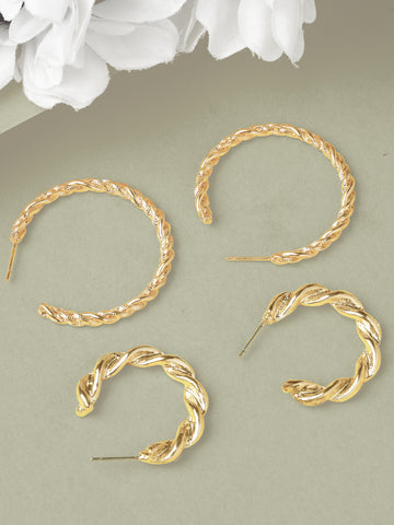 Bohey by KARATCART Set of 2 Gold Plated Twisted Design Contemporary Half Hoop Earrings for Women