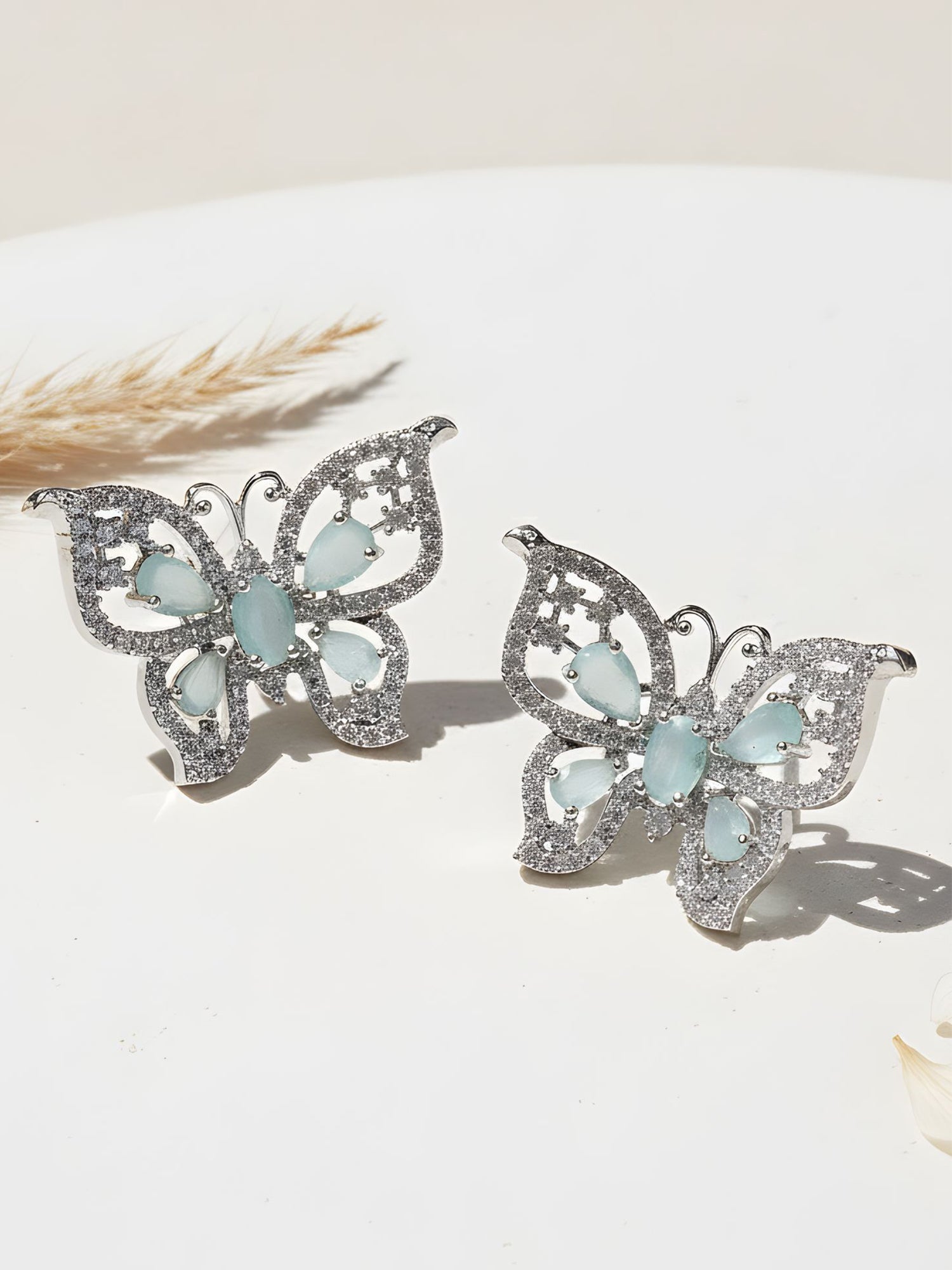 Karatcart Silver Tone Lime Green Butterfly Design Cubic Zirconia Earrings for Women