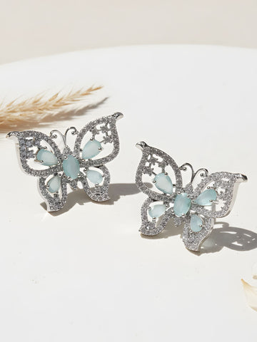 Karatcart Silver Tone Lime Green Butterfly Design Cubic Zirconia Earrings for Women