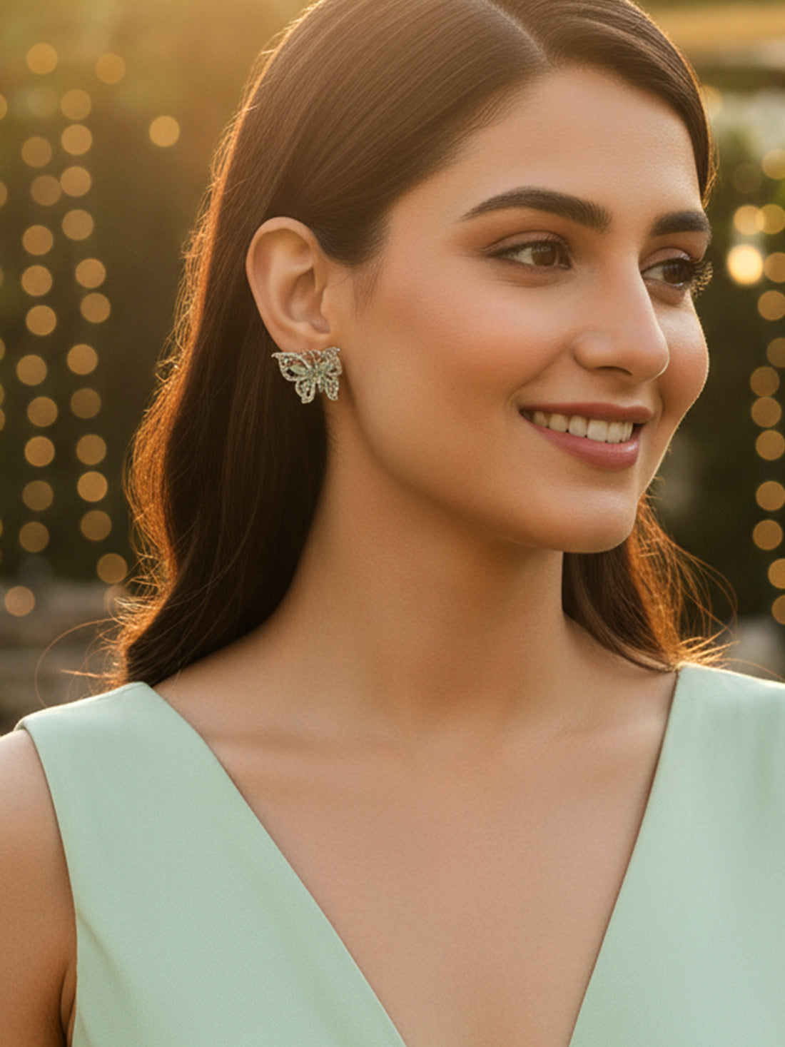 Karatcart Silver Tone Lime Green Butterfly Design Cubic Zirconia Earrings for Women