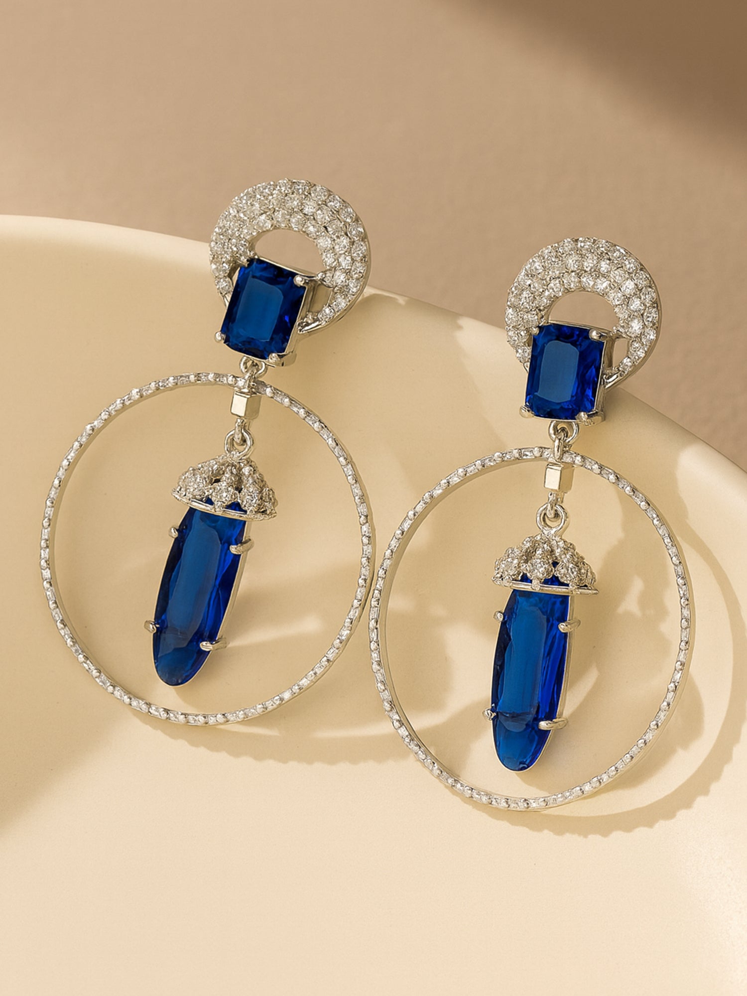 Karatcart Silver Plated Blue Cubic Zirconia Studded Dangler Hoop Earrings for Women