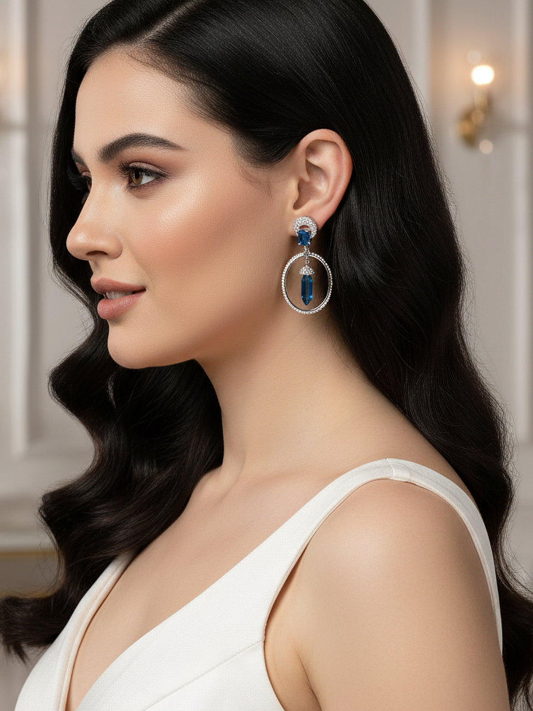 Karatcart Silver Plated Blue Cubic Zirconia Studded Dangler Hoop Earrings for Women