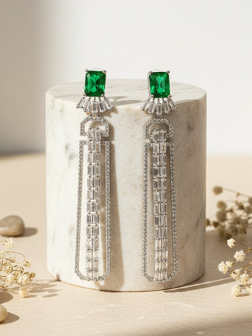 Karatcart Green Cubic Zirconia Studded Silver Plated Long Drop Earrings for Women