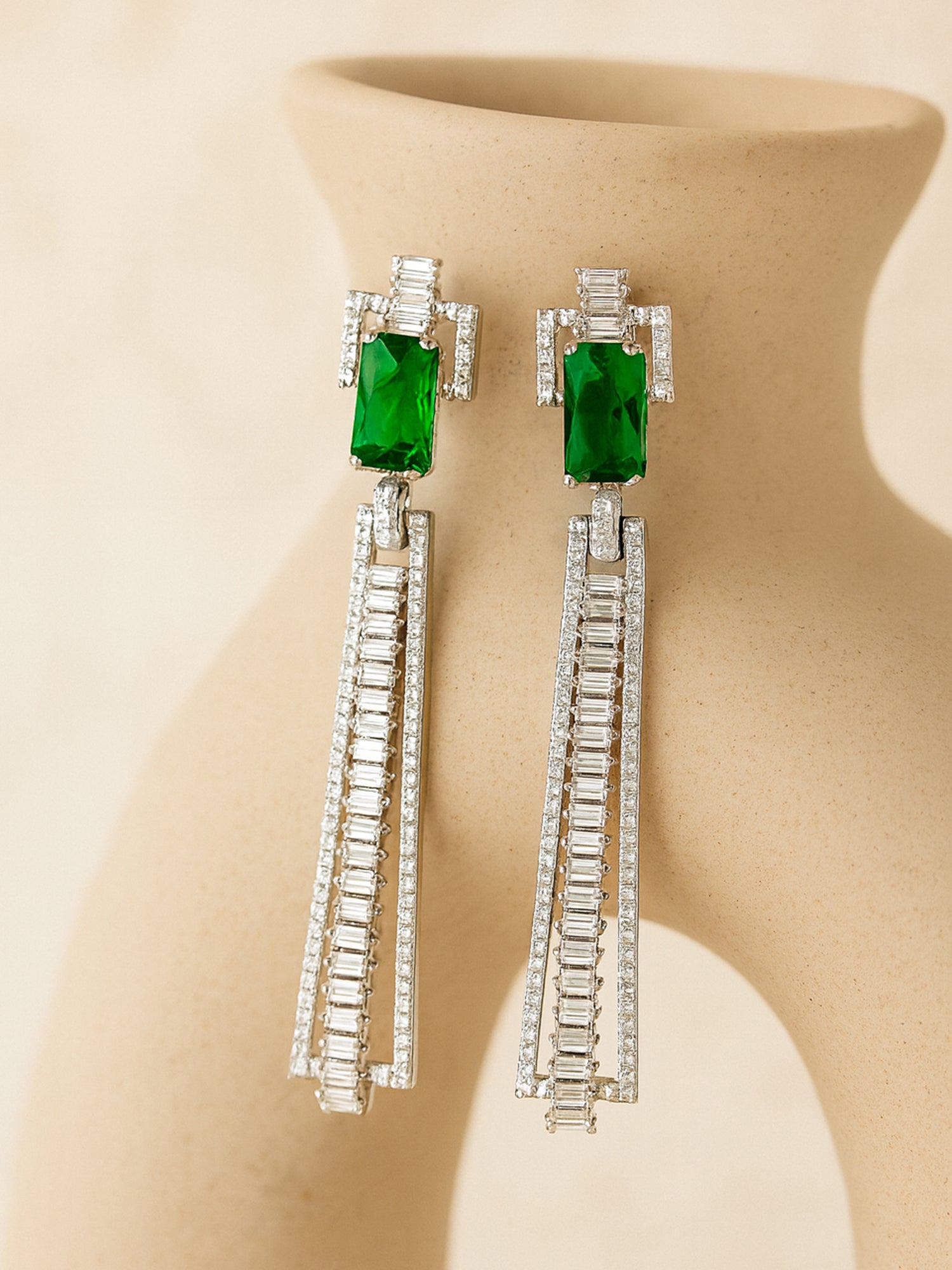 Karatcart Green Cubic Zirconia Studded Silver Plated Drop Earrings for Women