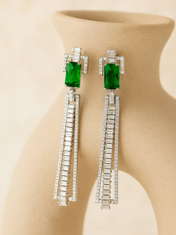 Karatcart Green Cubic Zirconia Studded Silver Plated Drop Earrings for Women