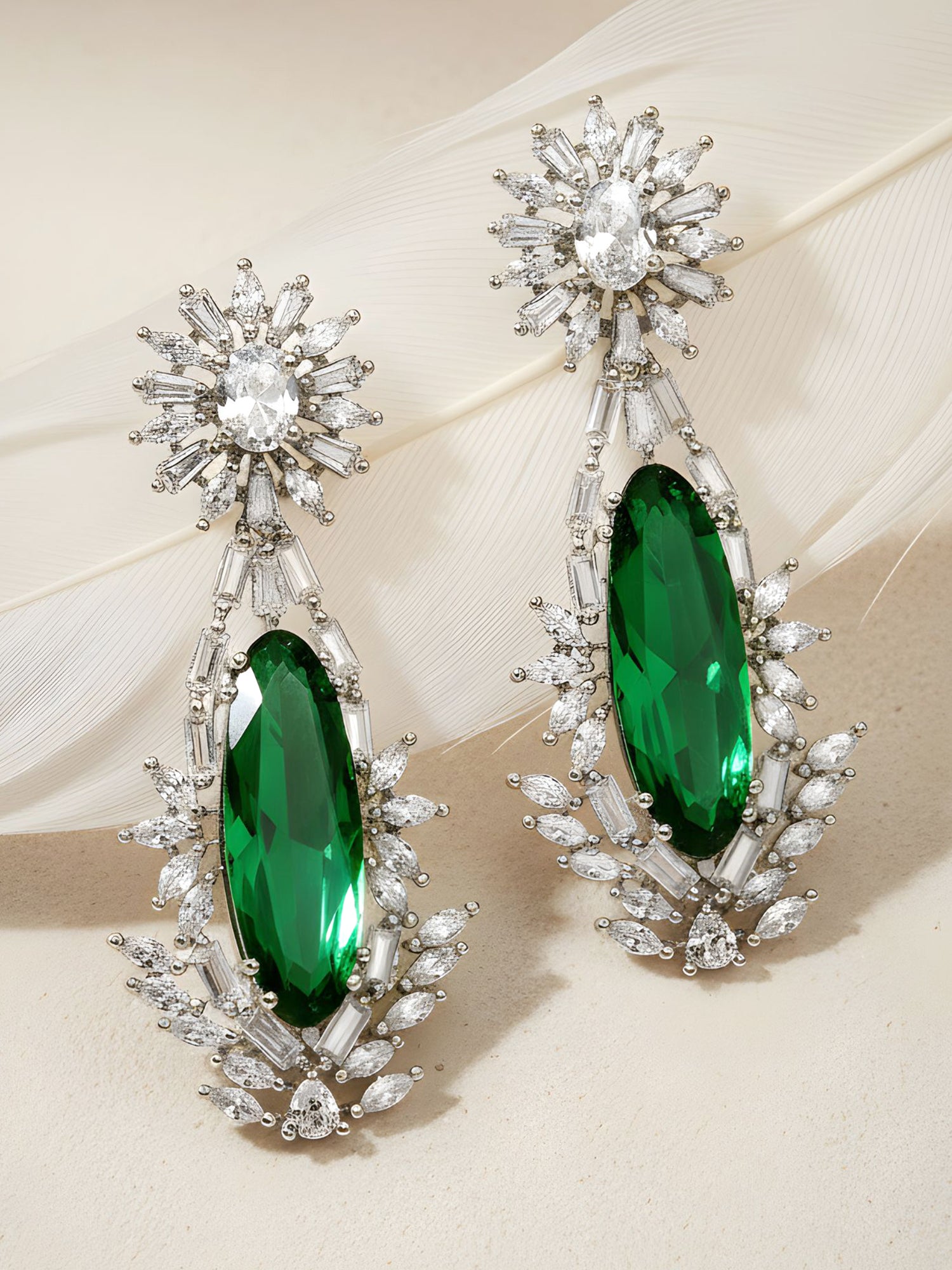 Karatcart Silver Plated Big Green American Diamond Studded Drop Earrings for Women