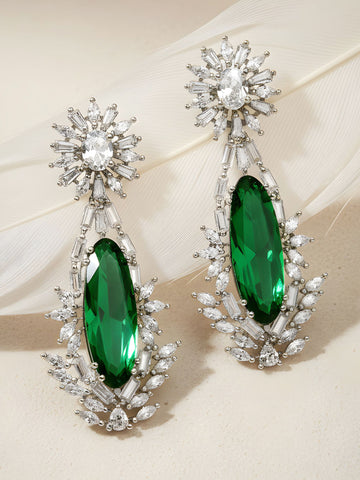 Karatcart Silver Plated Big Green American Diamond Studded Drop Earrings for Women