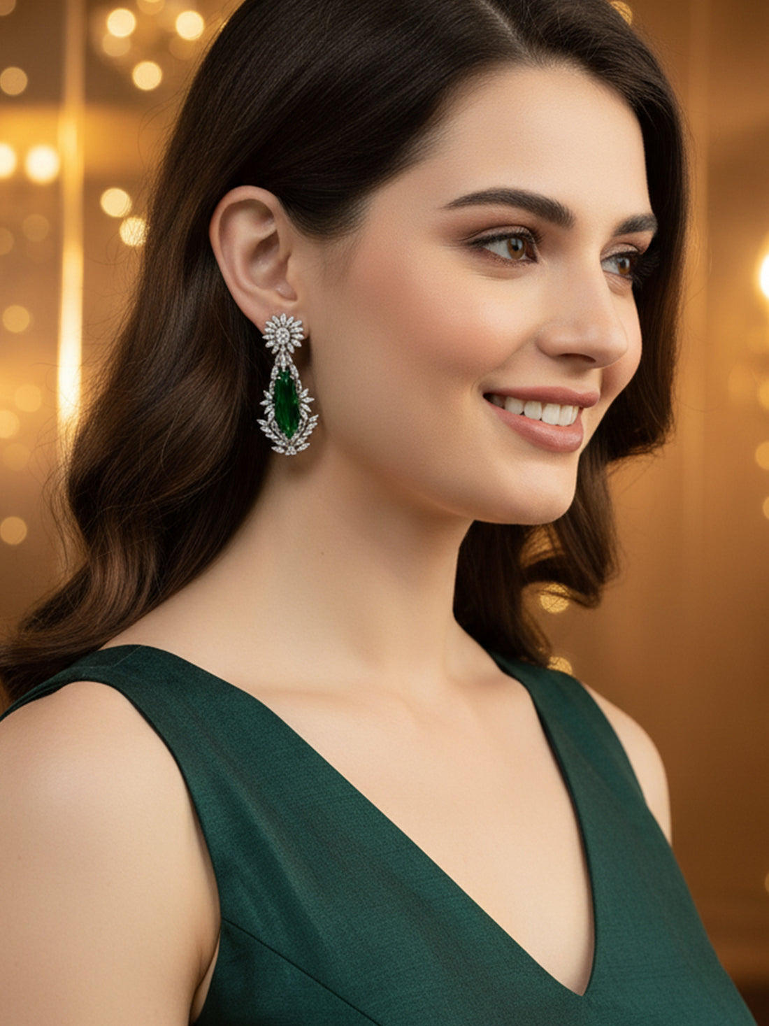 Karatcart Silver Plated Big Green American Diamond Studded Drop Earrings for Women