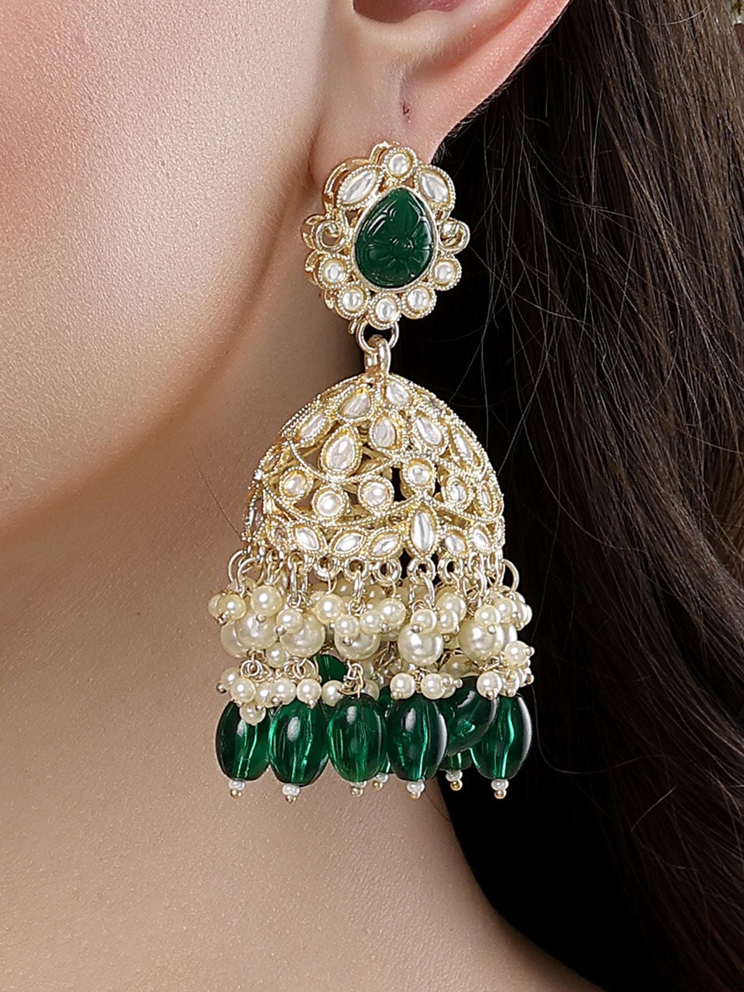 Karatcart Gold Plated Green Stone Studded Kundan Jhumki Earrings for Women