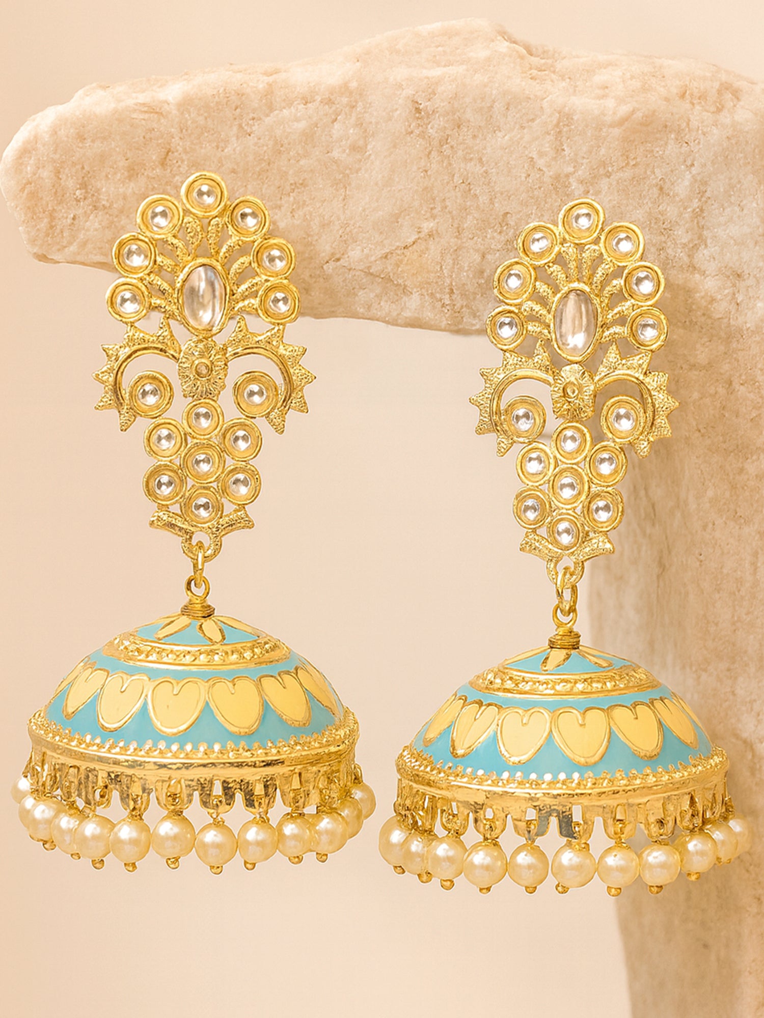 Karatcart Gold Plated Light Blue Meena Kundan Flat Jhumki Earrings for Women