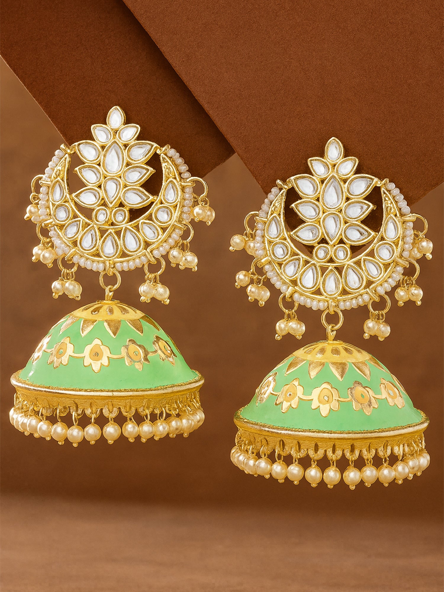 Karatcart Gold Plated Lime Green Meena Handcrafted Kundan Jhumki Earrings for Women