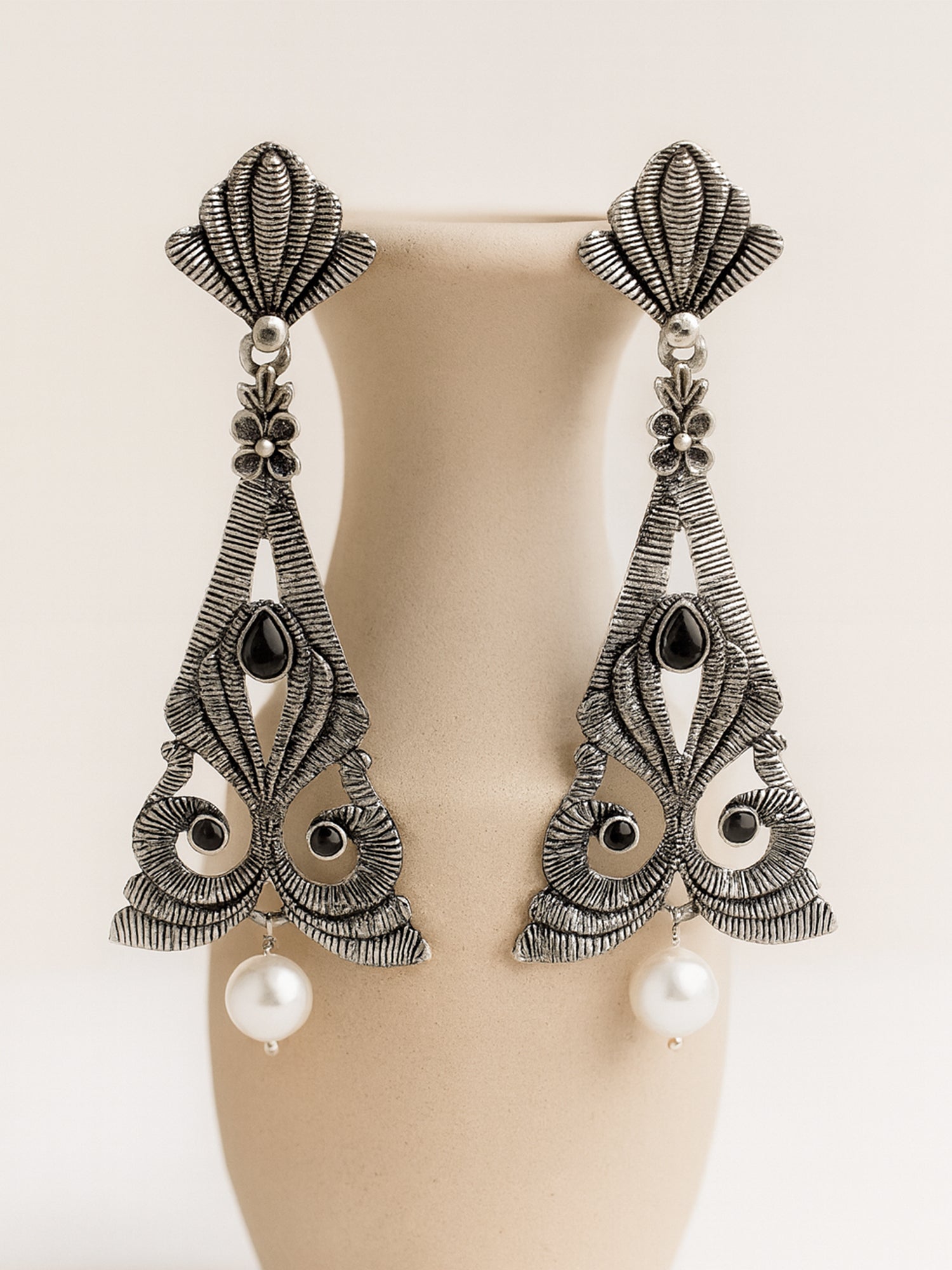 Karatcart Oxidised Silver Floral Design Black Stone Drop Earrings for Women