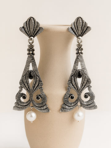 Karatcart Oxidised Silver Floral Design Black Stone Drop Earrings for Women