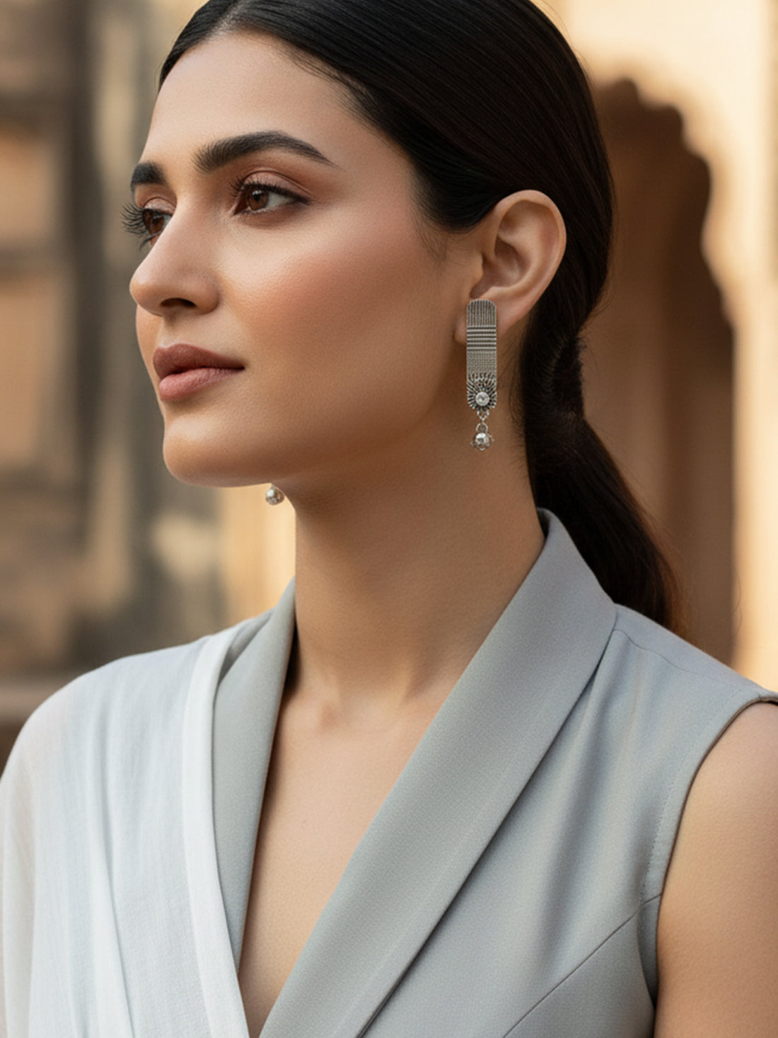 Karatcart Set of 2 Oxidised Silver Pink Stone Studded Stud Earrings for Women